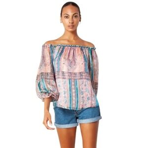 NWT Hale Bob Lia‎ Silk Lurex Top Off Shoulder  Boho Paisley Print Blouse Top XS